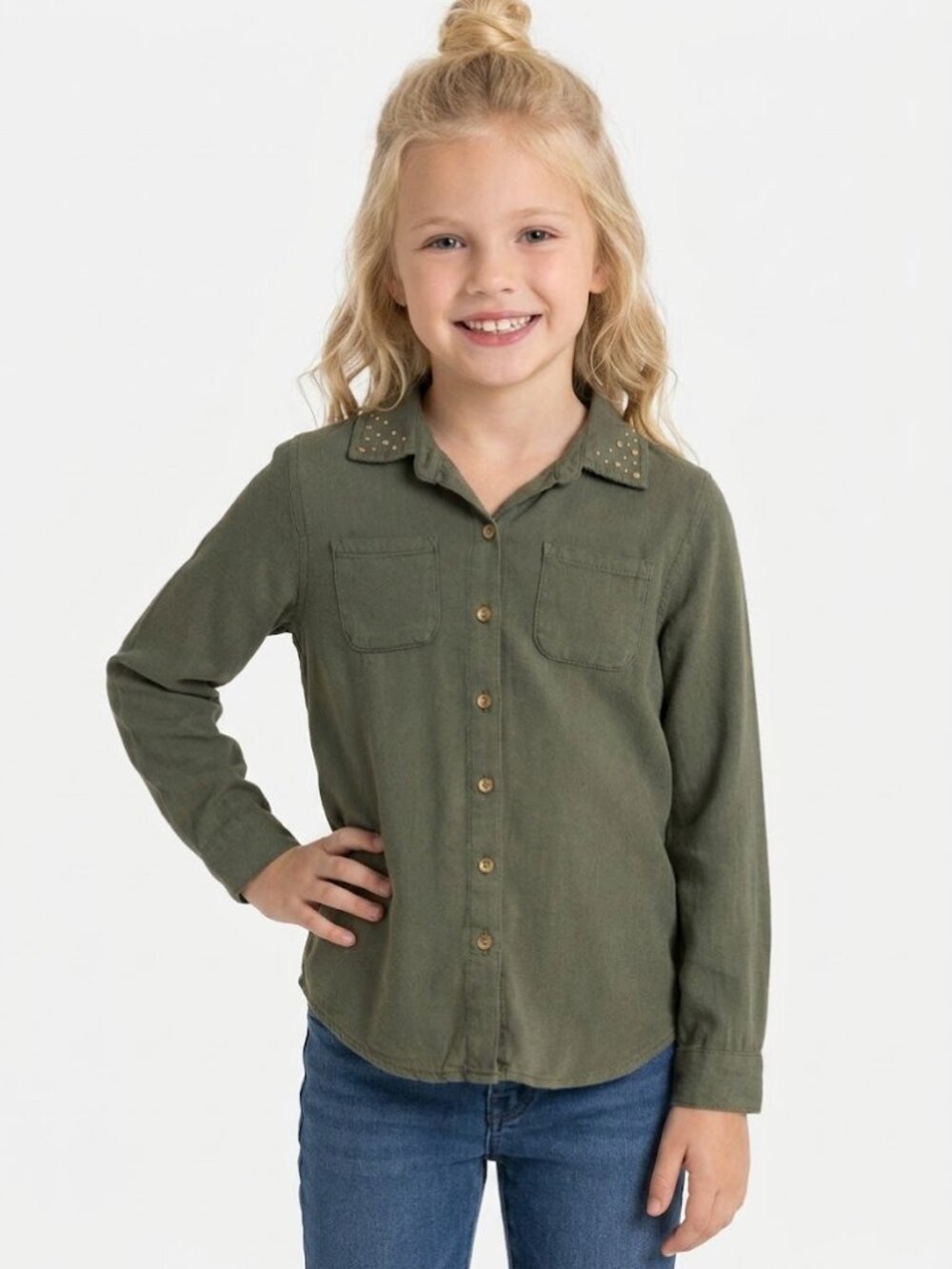Justice Girls Button Down Shirt Olive Green 8 Long Sleeve Bronze Studs